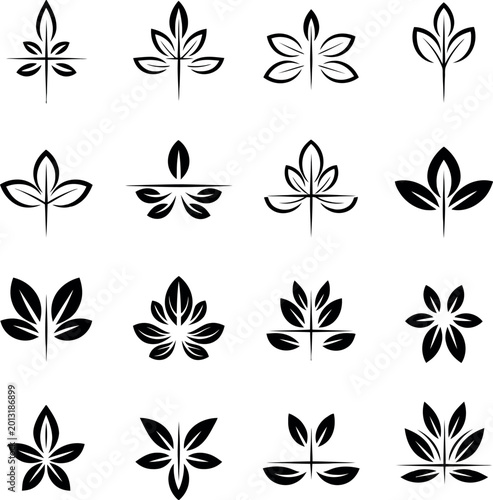 Collection of 16 stylized black and white leaf icons and symbols with wellness