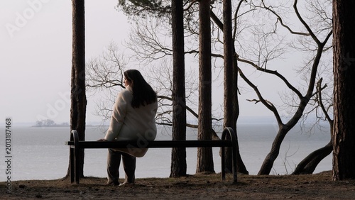 Canvas Print Woman sits alone on park bench by a calm lake amid bare trees, gazing into grey