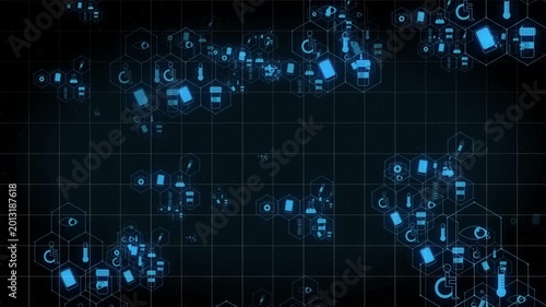 Glowing blue hex clusters starting with start pulse, drifting, merging, visualizing medical icons