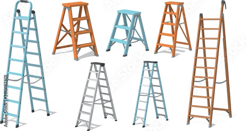 Photography Colorful Realistic Step Ladder Collection with Metal and Wooden Ladders in Vario