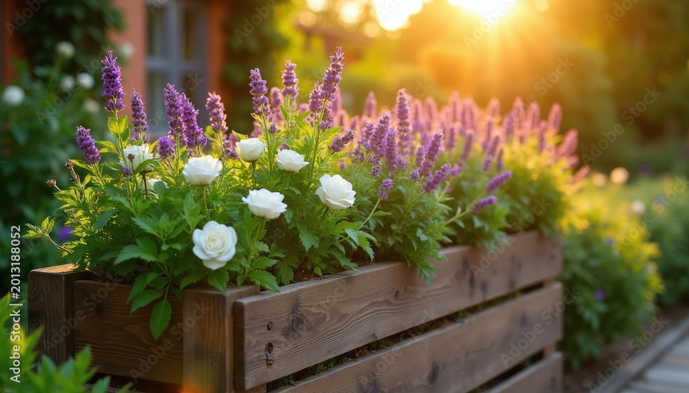 Naklejka premium Wooden planter box holds blooming lavender and white roses. Garden scene at sunset with warm sunlight. Rich greenery and flowers create vibrant, natural beauty.
