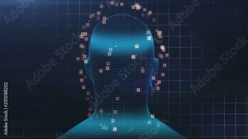 Scan pulse starting, blue point-cloud head rotating right while green bands scanning for 3D mapping