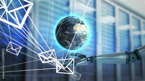 Envelope stream starting robotic arm reaching globe, steadying then closing hand while routing mail