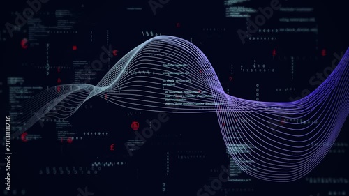 Scene opening with multiline ribbon arching left over code undulating expanding showing data flow