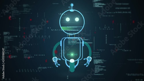 On code overlay arriving, neon robot avatar pulsing eyes, filling mouth bar, indicating processing