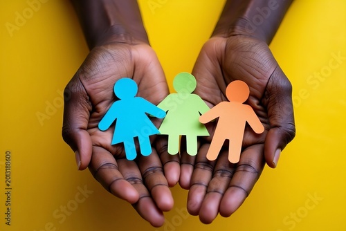 Close-Up Shot of African Hands Protecting Paper Shapes Symbolizing Inclusion, Diversity, and Equality.