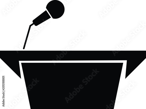 A simple black silhouette of a podium with microphones  Black lectern or podium with two microphones standing ready for a public speech, presentation