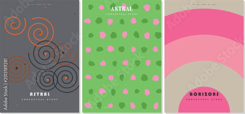 Modern graphic design mood board interface displaying geometric event posters and typography inspiration