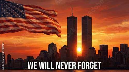 Patriot day remembrance 9 11 memorial with american flag and twin towers sunset
