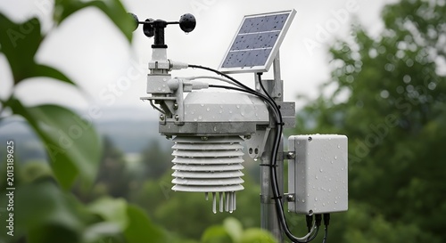 Weather station with solar panel and anemometer in green foliage