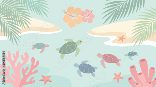 Tableau sur toile Serene Tropical Scene with Sea Turtles Swimming in Crystal Clear Water Amidst Co