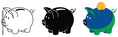 Piggy bank simple icons in line and flat style, piggybank baby pig savings symbol set isolated vector illustration.