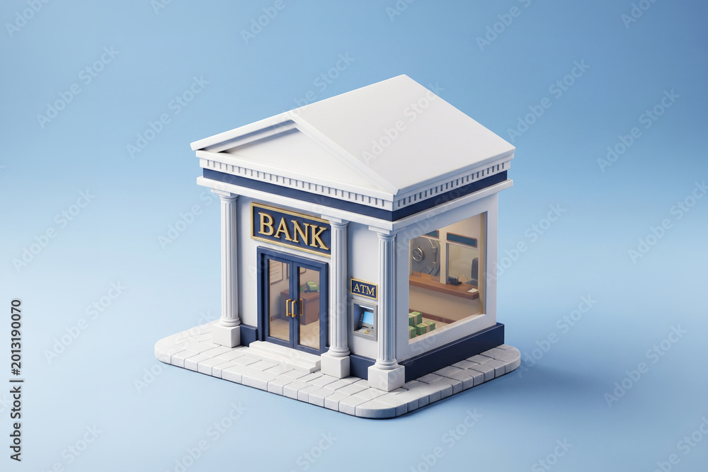 Fototapeta premium 3D isometric bank building with ATM and classical architecture miniature