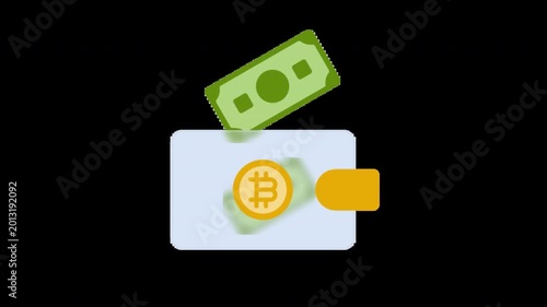 Digital crypto wallet icon with golden bitcoin coin and money banknote isolated on white background