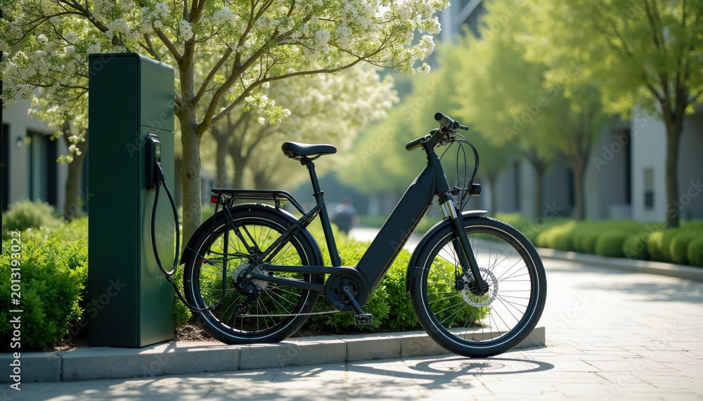 Fototapeta premium Modern black electric bicycle plugs into green public charging station. Urban street with rich green trees and manicured bushes surrounds the bike and charging point.