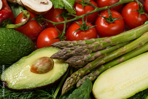 Fresh Vegetables with Asparagus Avocado and Tomatoes Close Up