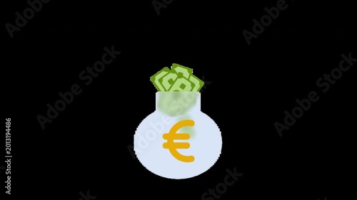 Illustration of a money bag filled with green banknotes and featuring a yellow euro symbol on a transparent background