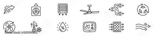 Bild auf Leinwand Ventilation and air conditioning outline icons with airflow arrows, fan, filter,