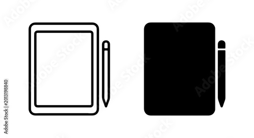 Foto Digital tablet and stylus pen icon set, modern black and white vector graphics for tech and creative apps, sleek device illustration for UI/UX design