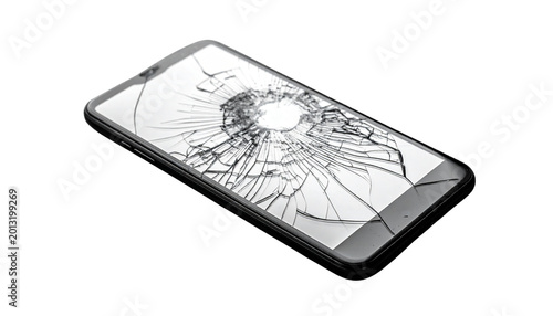 Close-up cracked smartphone screen on concrete floor, modern accident concept isolated on white background