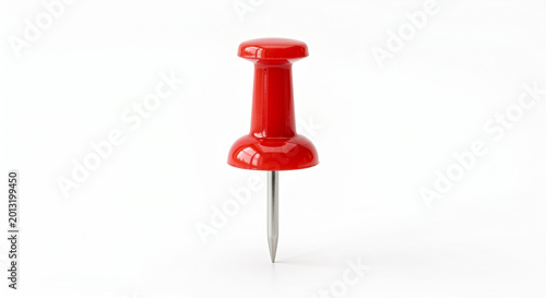 Red pushpin isolated on white background with stationery equipment fastener document attached sticking connecting fixative information corkboard reminder