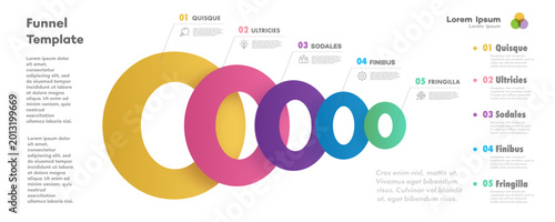 Funnel circle infographic template 5 parts or level 3d isometric for start up project, business strategy, banner, presentation, theory basic operation, logic analysis