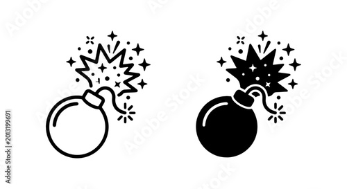 Photos Exploding bomb icon, black outline and solid fill, danger and warning symbol vec