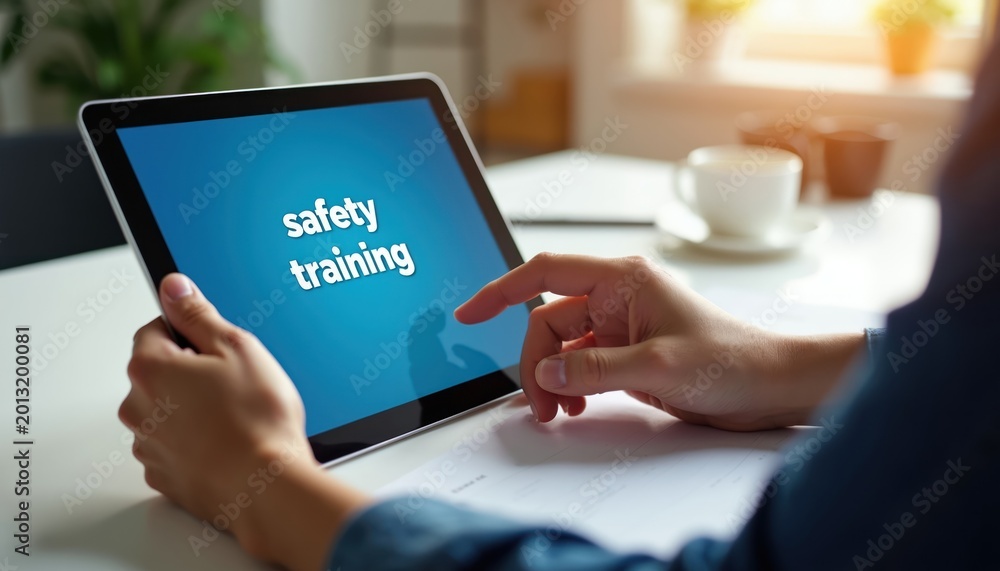 Fototapeta premium Person uses tablet for online safety training course. Digital learning provides workplace education and skill development. Interactive application for employee awareness.