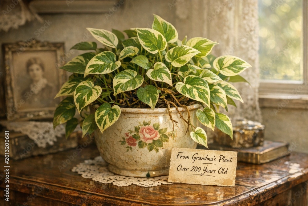 Fototapeta premium A small potted plant sits on a wooden table, simple and serene