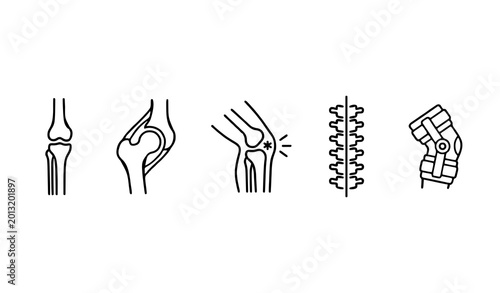 Joint and bone health icon set featuring human skeleton anatomy orthopedic care arthritis treatment spinal column and medical healthcare symbols