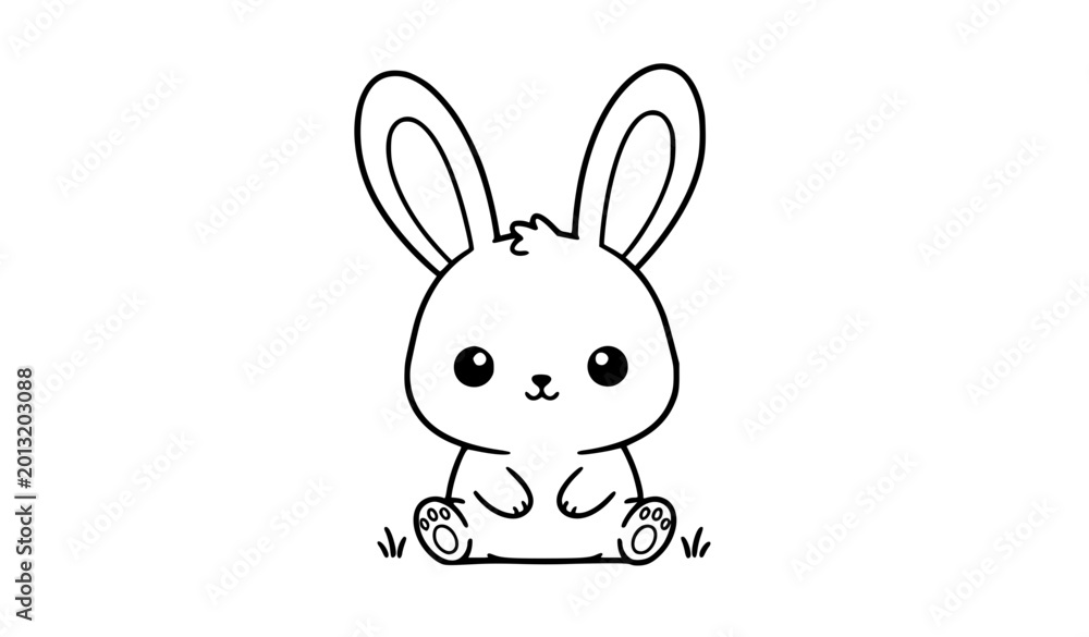 Obraz premium Black and white chibi bunny rabbit line art vector with cute kawaii animal character isolated on white