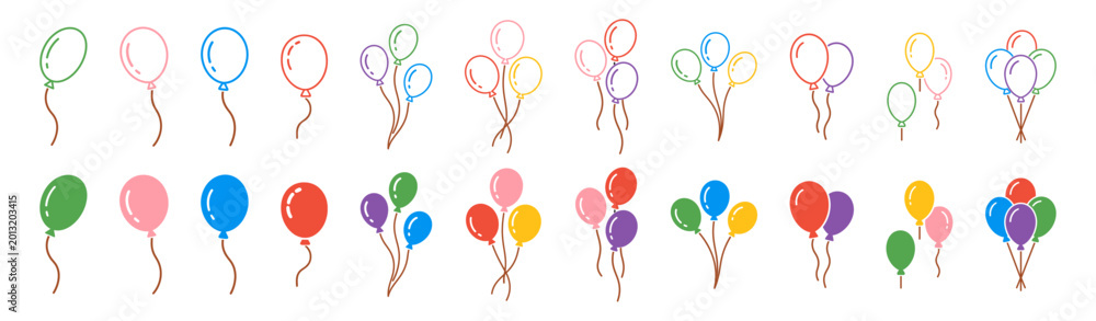 Naklejka premium Birthday balloon bouquet icon set with colorful outline and filled party decoration vector collection