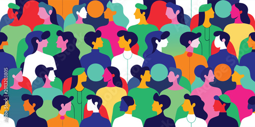 Seamless pattern with stylized human silhouettes in profile looking at each other representing social connection and unity