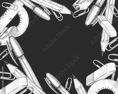 school pencil, pen, eraser, protractor, tools, paper clip, accessories, supplies, frame, hand drawn sketch of education theme, autumn event, back to school illustration on black for study decoration