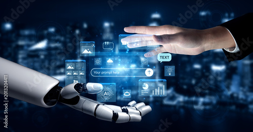 Foto Prompt driven AI interface enabling text, image vision, audio and media video data neural asset and tool in smart creation chat workspace edit