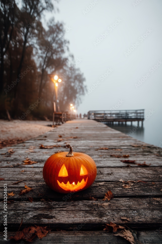 Obraz premium Pumpkin lights glow. Faint mist over tranquil waters. Stone dock illuminated by radiant pumpkin light. Misty evening with softly glowing pumpkin on aged wooden pier