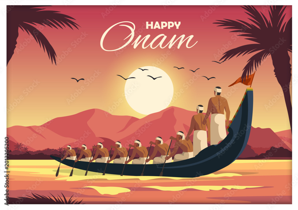 Behang Traditional boat race with rowers at sunset in flat style on warm scenic background showing festive culture concept
