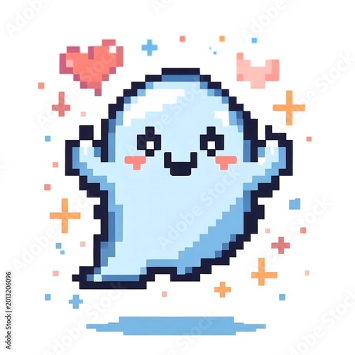 Cute pixel art ghost character floating with hearts isolated on white background
