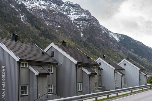 Amazing view of norwegian mountains and traditional wooden houses. Rjukan town in Telemark, Norway