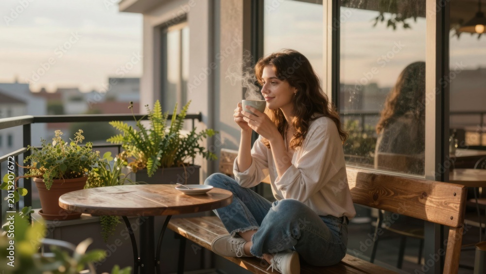 Fototapeta premium Woman enjoying hot drink on balcony with potted plants at sunset