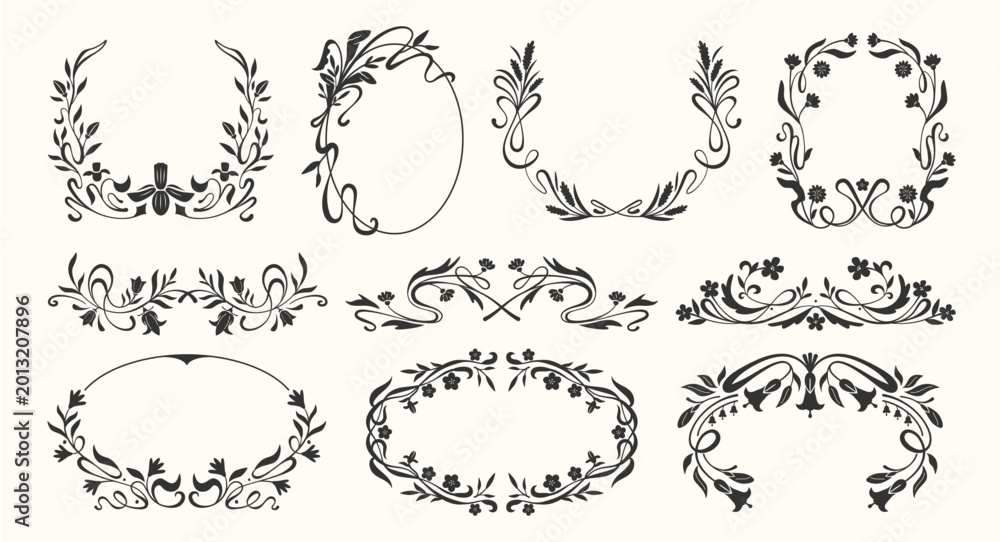 Fototapeta premium Silhouettes floral frame. Art Nouveau flower border. Retro ornamental decorative botanical frames, wreaths with branches, flowers, leaves for invitation. Vector set