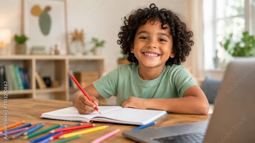 Fototapeta premium Cheerful young boy with curly dark hair sits at a desk writing in a notebook while studying with colorful pencils and a laptop.