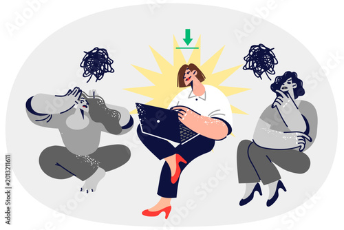 Cuadro en lienzo Woman with leadership qualities works with laptop, sitting with two unlucky coll