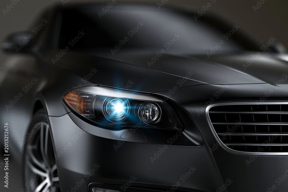 Fototapeta premium Black sedan gleams under studio lighting