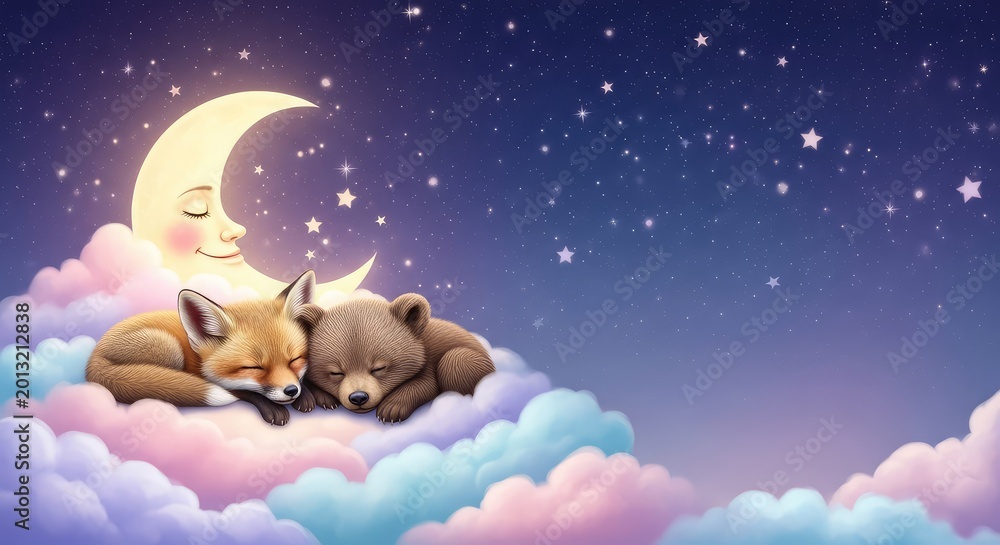Naklejka premium Tierno zorro y oso duermen plácidamente sobre nubes suaves bajo una luna sonriente en un cielo estrellado mágico con gran espacio para texto, celestial, moon, gentle