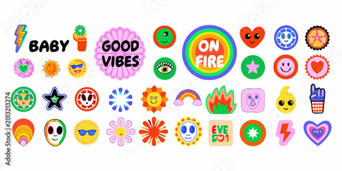 Foto retro sticker collection with colorful designs and playful typography