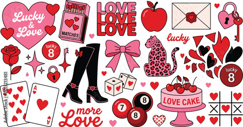 Retro Y2K Valentine Sticker Set with Love and Luck Motifs