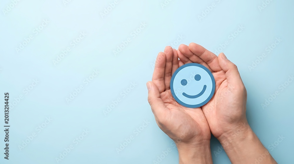 Fototapeta premium Hands holding a blue coin with a smiley face on a light blue background good luck background