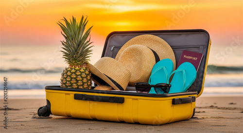Tropical travel suitcase on beach at sunset, yellow luggage with summer vacation accessories, pineapple and straw hats on sandy shore