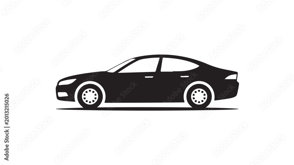 Obraz premium Car Silhouette Side Profile View, Modern Automotive Vector Icon for Transportation and Vehicle Rental Branding